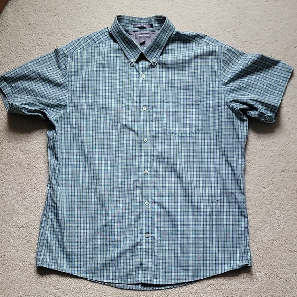 💗 EDDIE BAUER Plaid Checkered Button Down Up Short Sleeve Shirt Blue & Green XL - Picture 2 of 6